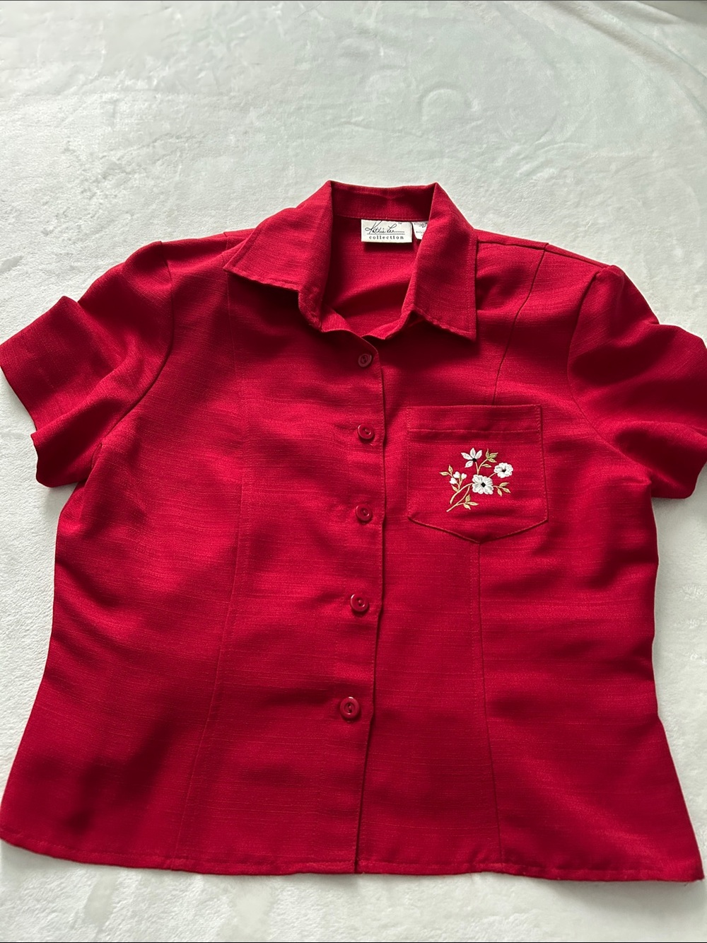 Vintage Red Short-Sleeve Button Front Top with Embroidered Pocket